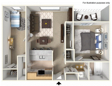 Floor plan for 2 beds, 1 bath, 765 sqft
